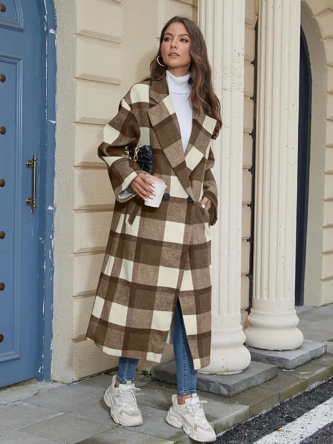 Women's Plaid Wool Coat Shacket Jacket Casual Long Sleeve Laple Button Down Flannel Trench Coats
