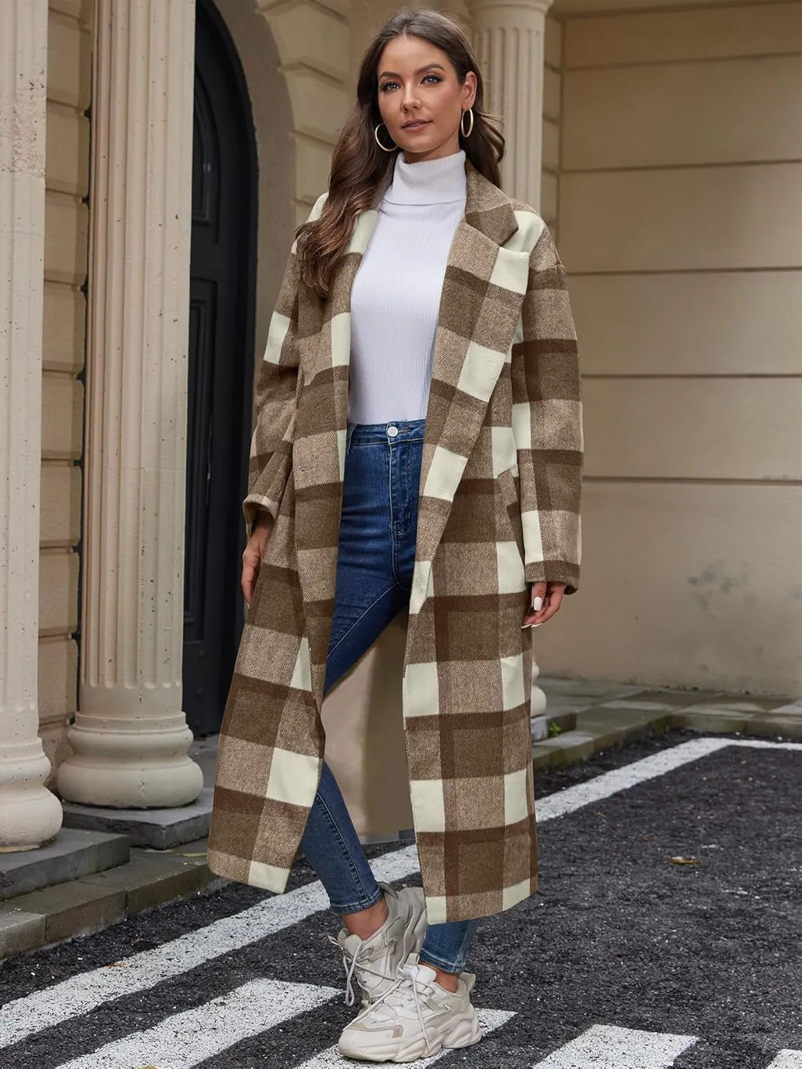 Women's Plaid Wool Coat Shacket Jacket Casual Long Sleeve Laple Button Down Flannel Trench Coats