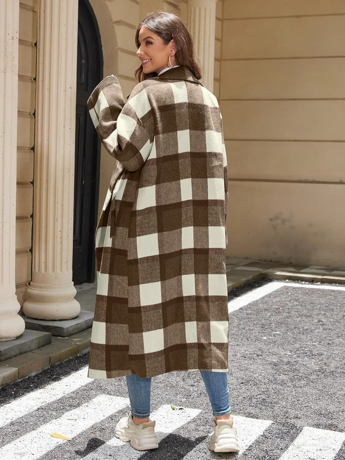 Women's Plaid Wool Coat Shacket Jacket Casual Long Sleeve Laple Button Down Flannel Trench Coats