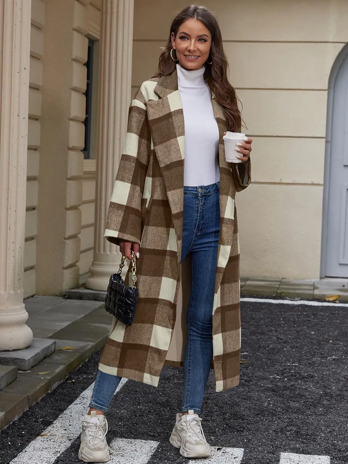 Women's Plaid Wool Coat Shacket Jacket Casual Long Sleeve Laple Button Down Flannel Trench Coats