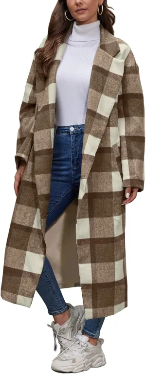 Women's Plaid Wool Coat Shacket Jacket Casual Long Sleeve Laple Button Down Flannel Trench Coats