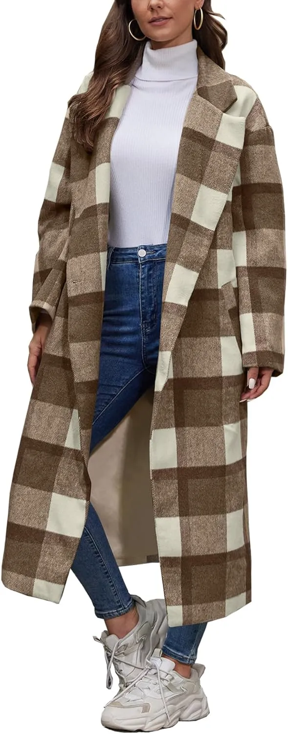Women's Plaid Wool Coat Shacket Jacket Casual Long Sleeve Laple Button Down Flannel Trench Coats