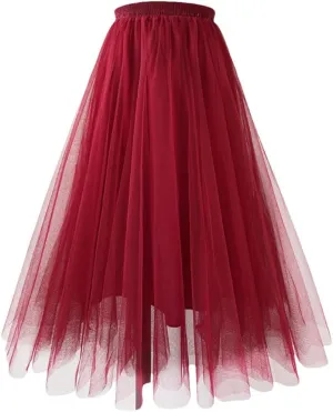 Women's Pleated Skirts Elastic High Waist Loose A-Line Casual Solid Color Tulle Skirt