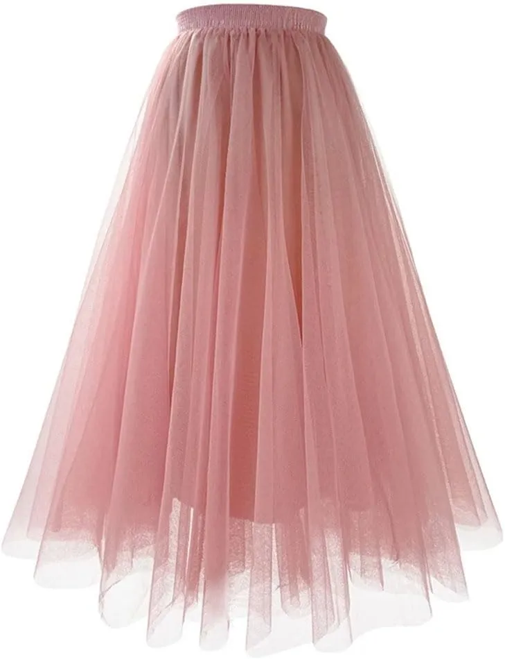 Women's Pleated Skirts Elastic High Waist Loose A-Line Casual Solid Color Tulle Skirt
