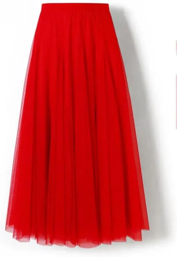 Women's Pleated Skirts Mesh Elastic High Waist Solid Color Loose A-Line Casual Skirt