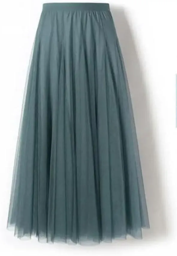 Women's Pleated Skirts Mesh Elastic High Waist Solid Color Loose A-Line Casual Skirt