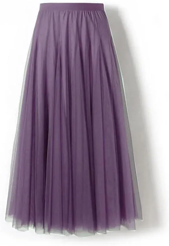 Women's Pleated Skirts Mesh Elastic High Waist Solid Color Loose A-Line Casual Skirt