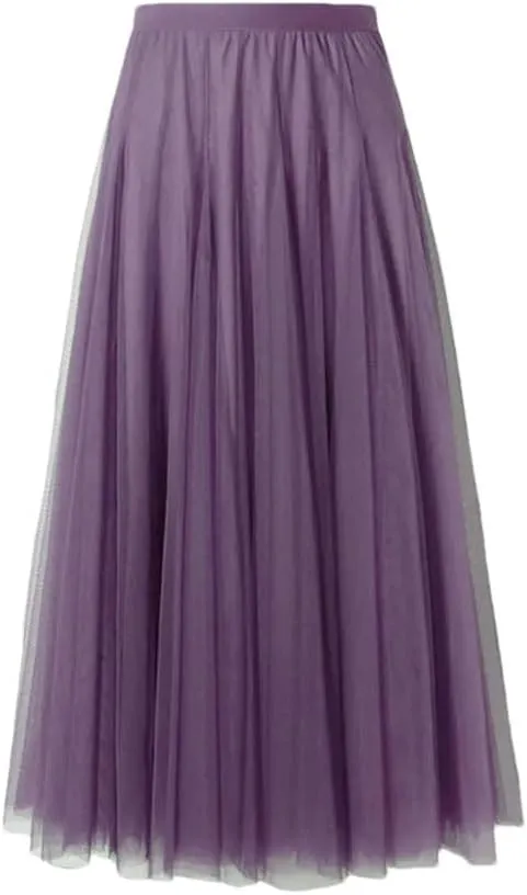 Women's Pleated Skirts Mesh Elastic High Waist Solid Color Loose A-Line Casual Skirt