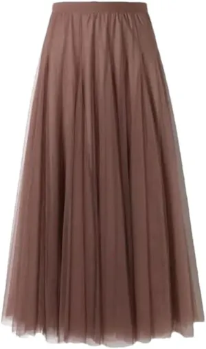 Women's Pleated Skirts Mesh Elastic High Waist Solid Color Loose A-Line Casual Skirt