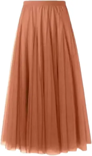 Women's Pleated Skirts Mesh Elastic High Waist Solid Color Loose A-Line Casual Skirt
