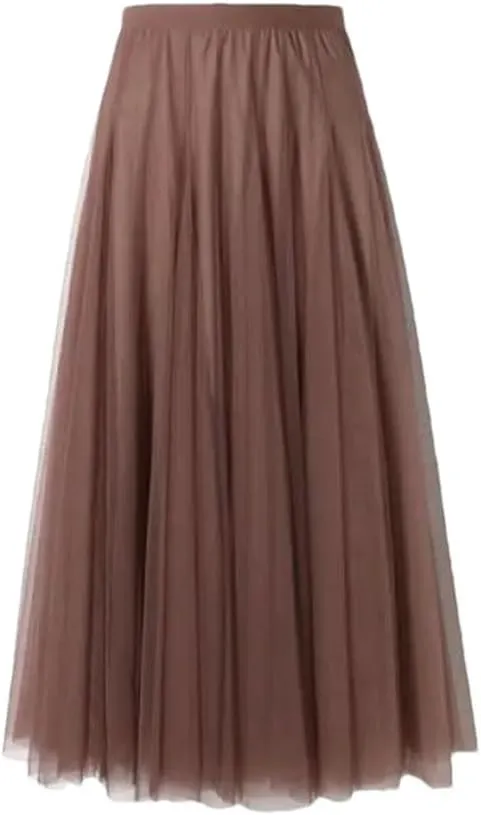 Women's Pleated Skirts Mesh Elastic High Waist Solid Color Loose A-Line Casual Skirt