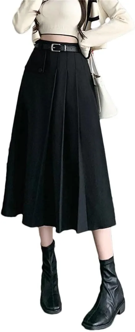 Women's Pleated Skirts with Belted High Waist Solid Button Umbrella A-Line Skirts