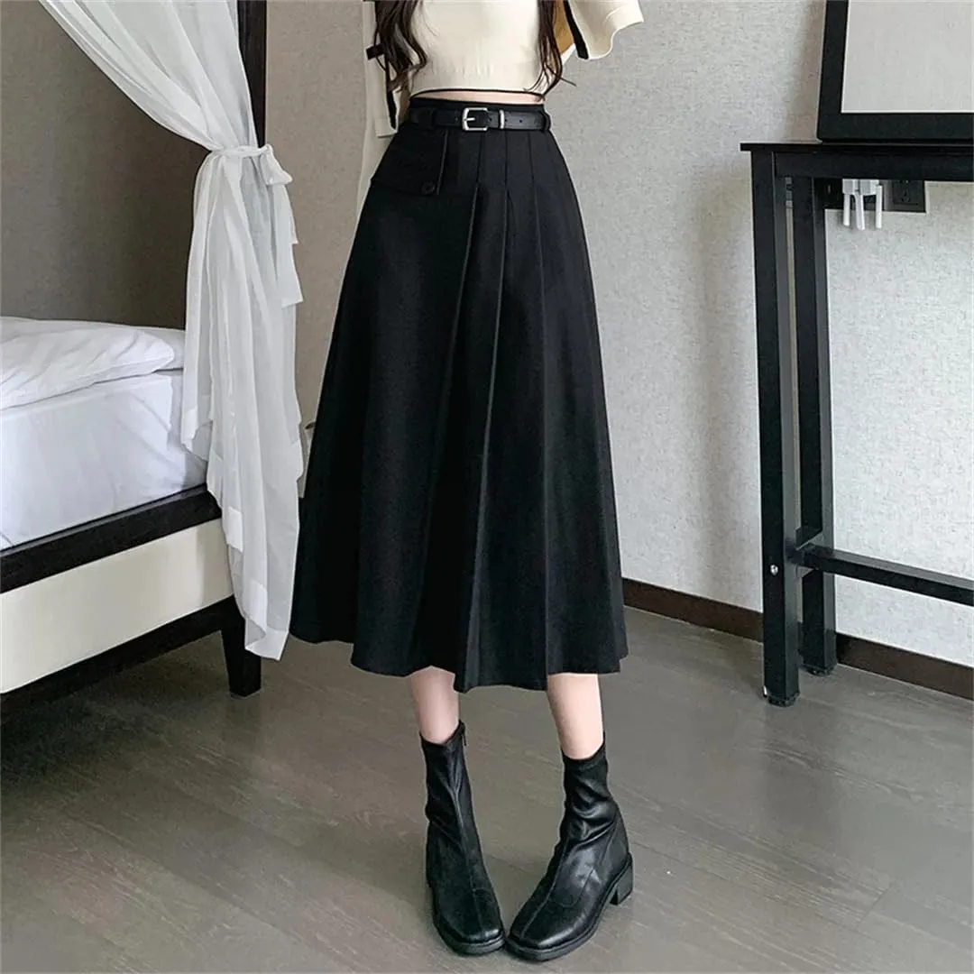 Women's Pleated Skirts with Belted High Waist Solid Button Umbrella A-Line Skirts