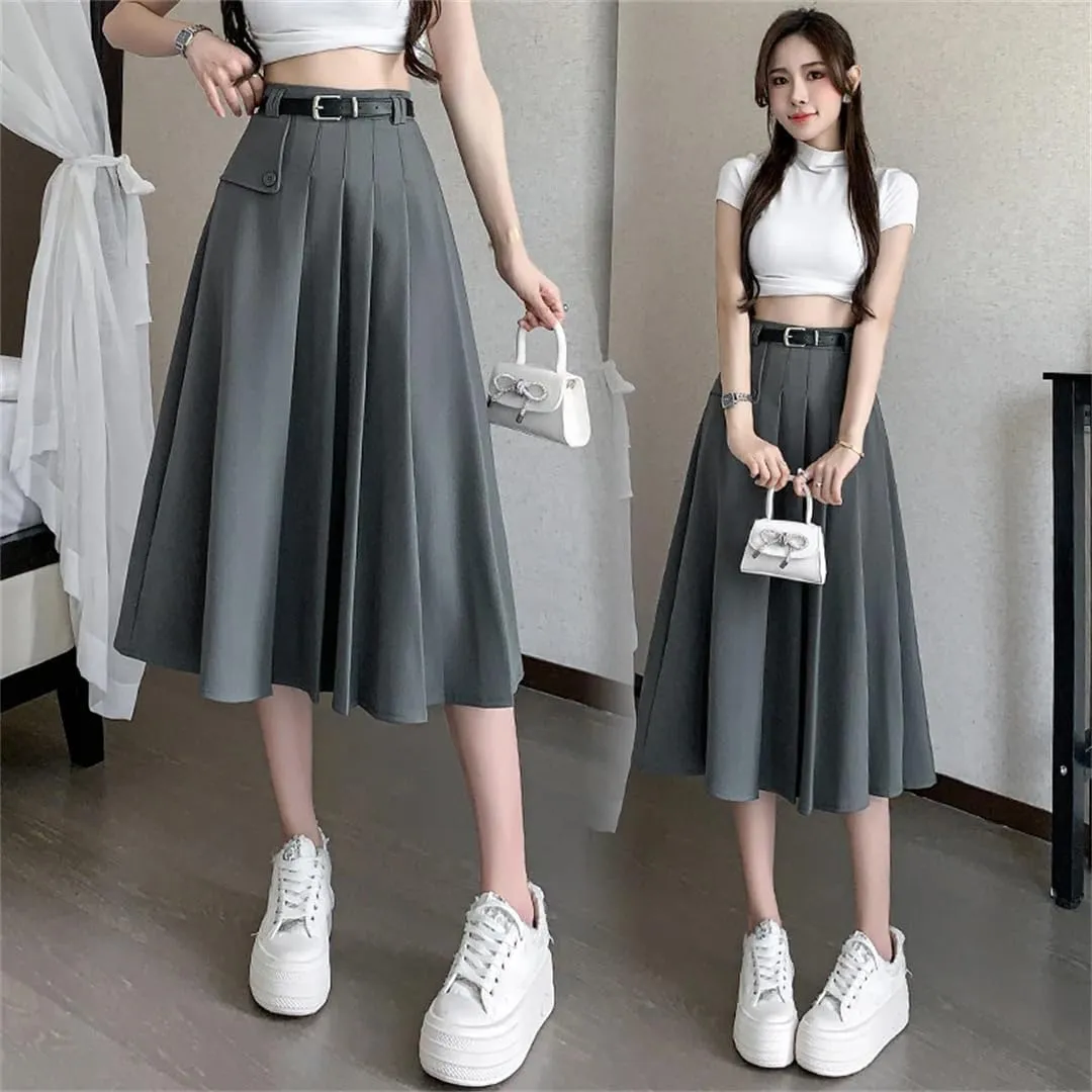 Women's Pleated Skirts with Belted High Waist Solid Button Umbrella A-Line Skirts