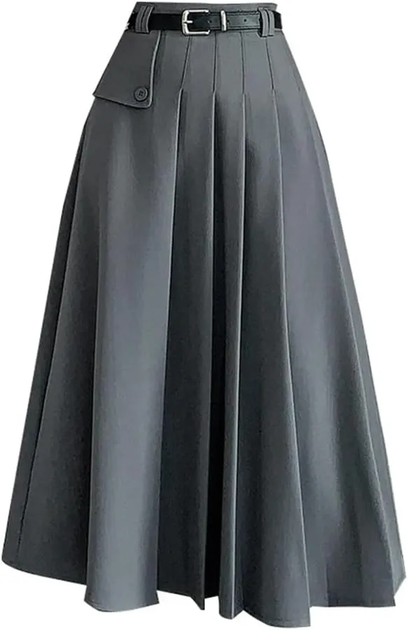 Women's Pleated Skirts with Belted High Waist Solid Button Umbrella A-Line Skirts