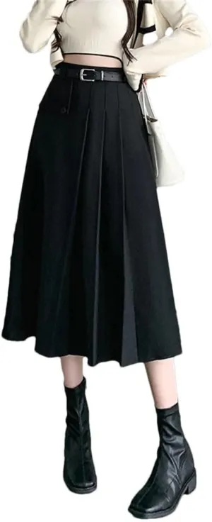 Women's Pleated Skirts with Belted High Waist Solid Button Umbrella A-Line Skirts