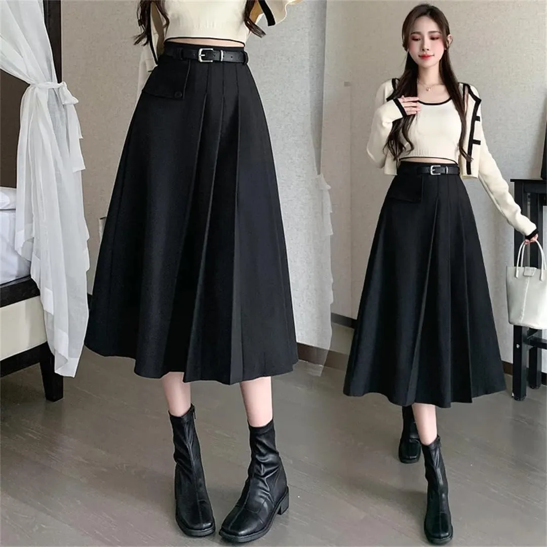 Women's Pleated Skirts with Belted High Waist Solid Button Umbrella A-Line Skirts