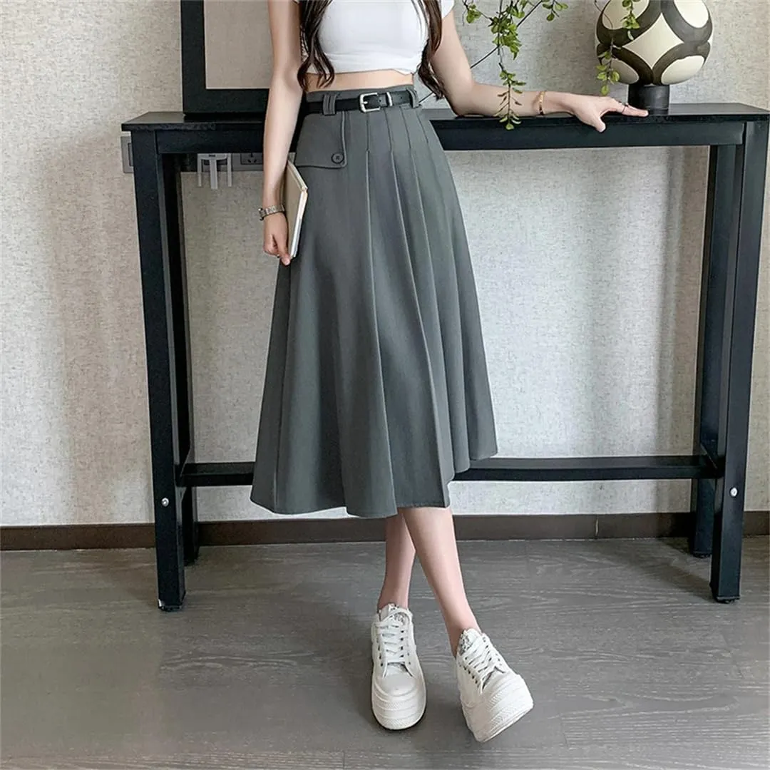Women's Pleated Skirts with Belted High Waist Solid Button Umbrella A-Line Skirts