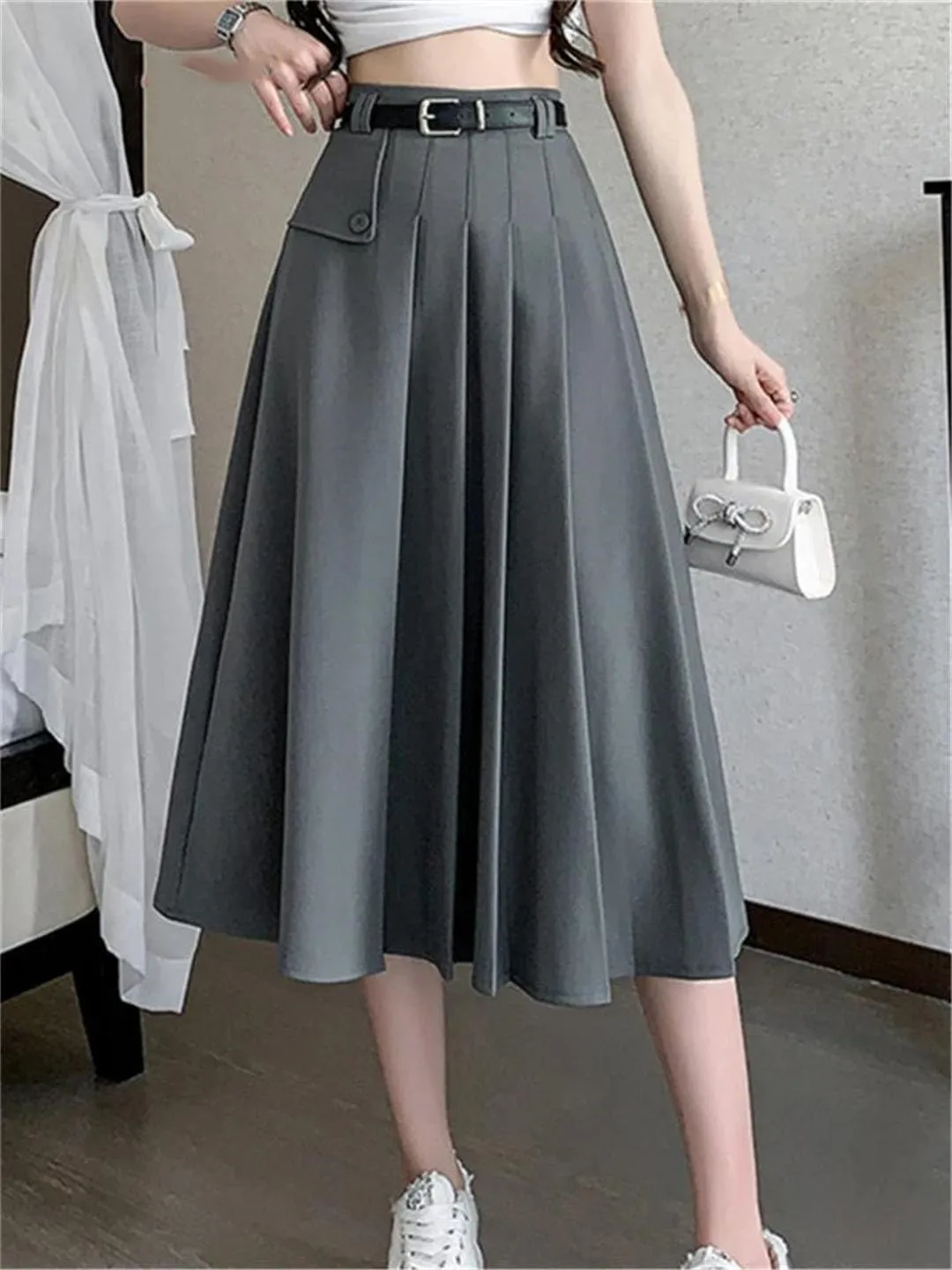 Women's Pleated Skirts with Belted High Waist Solid Button Umbrella A-Line Skirts