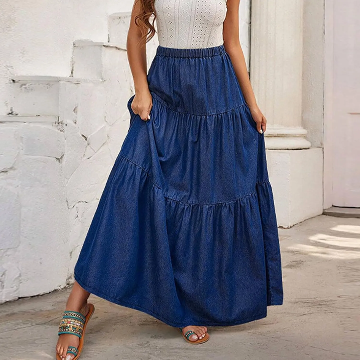 Womens Plus Size Long Denim Skirt Elastic High Waisted Tiered Ruffle Pleated A Line Midi Jean Skirts