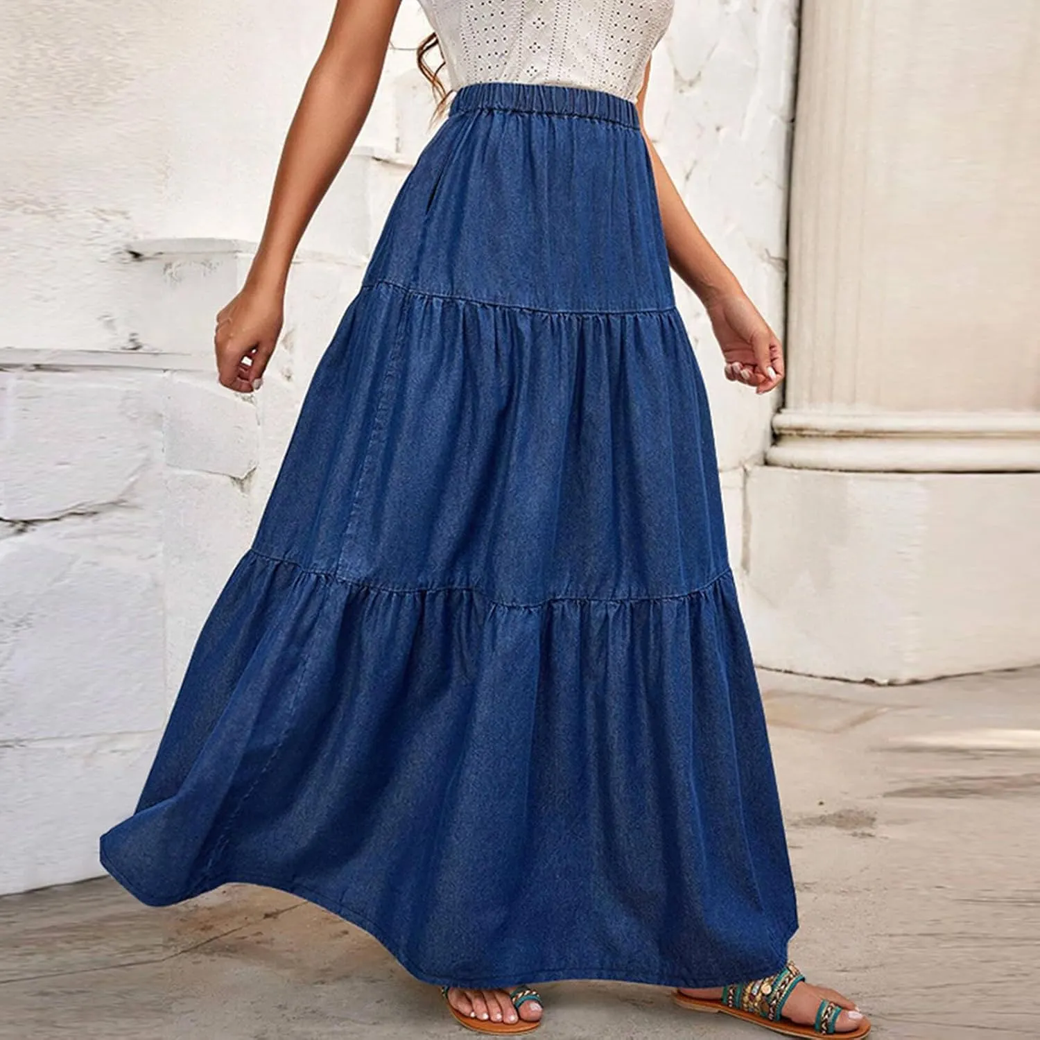 Womens Plus Size Long Denim Skirt Elastic High Waisted Tiered Ruffle Pleated A Line Midi Jean Skirts