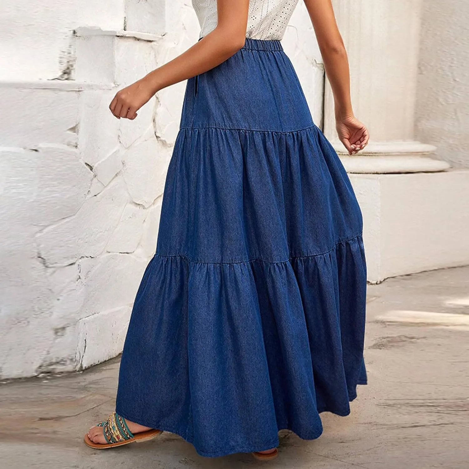 Womens Plus Size Long Denim Skirt Elastic High Waisted Tiered Ruffle Pleated A Line Midi Jean Skirts