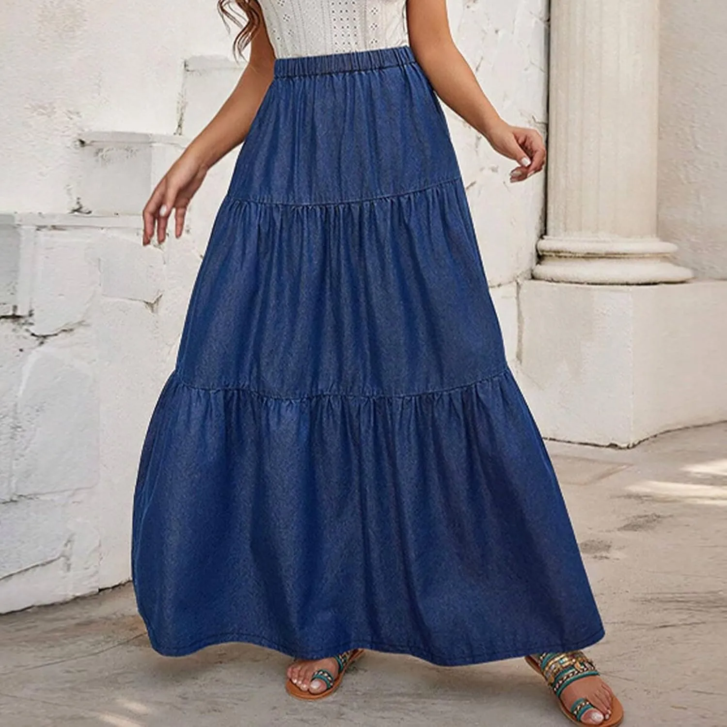 Womens Plus Size Long Denim Skirt Elastic High Waisted Tiered Ruffle Pleated A Line Midi Jean Skirts