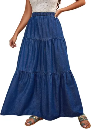 Womens Plus Size Long Denim Skirt Elastic High Waisted Tiered Ruffle Pleated A Line Midi Jean Skirts