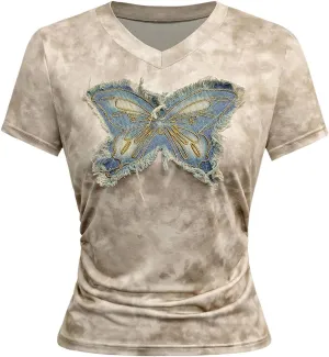 Women's Plus Size Y2K Butterfly Embroidery T Shirt Short Sleeve Crew Neck Slim Fit Vintage Tee Tops