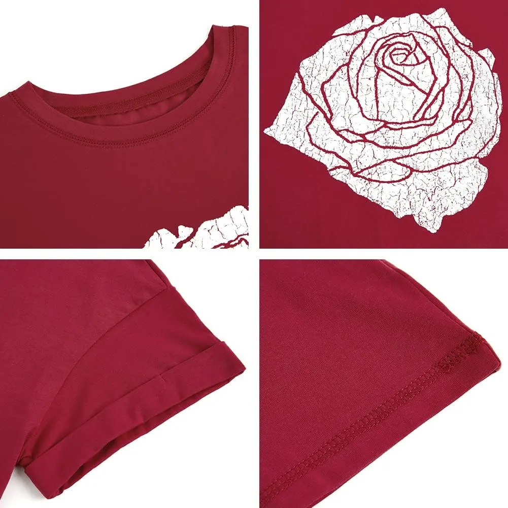 Womens Rose Graphic Tee T Shirt Loose Fit Summer Short Sleeve Casual Boyfriend Crew Neck Tops