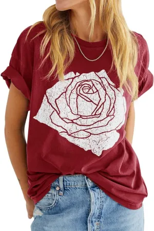 Womens Rose Graphic Tee T Shirt Loose Fit Summer Short Sleeve Casual Boyfriend Crew Neck Tops
