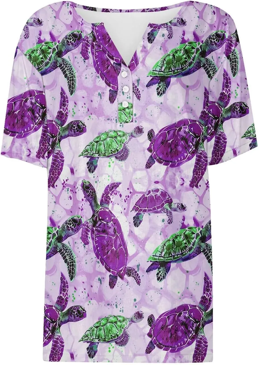 Womens Short Sleeve Tops Summer Fashion Animal Print T Shirt Casual V Neck Button Blouses Sea Turtle Graphic Tees