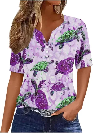 Womens Short Sleeve Tops Summer Fashion Animal Print T Shirt Casual V Neck Button Blouses Sea Turtle Graphic Tees