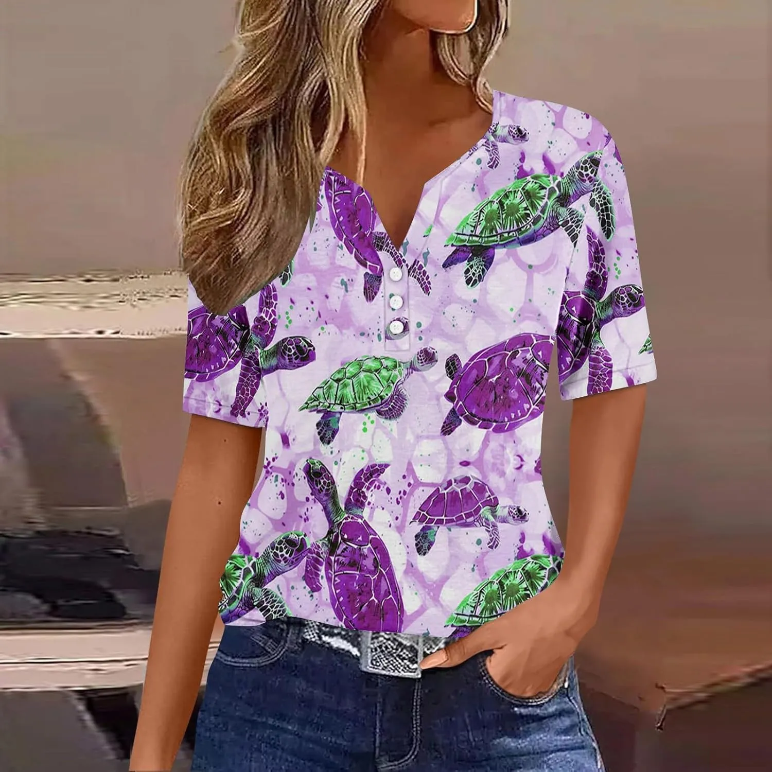 Womens Short Sleeve Tops Summer Fashion Animal Print T Shirt Casual V Neck Button Blouses Sea Turtle Graphic Tees