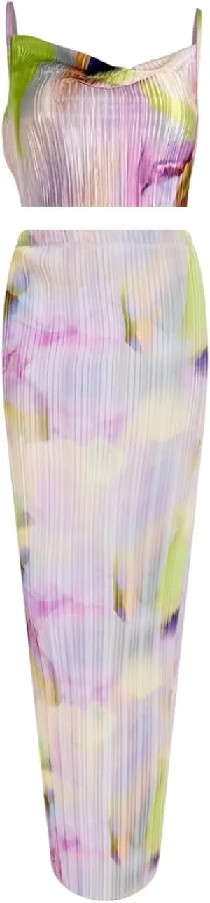 Women's Summer 2 Piece Beach Outfit Casual Sleeveless Pleated Cropped Tank Top High Waisted Maxi Skirt Set