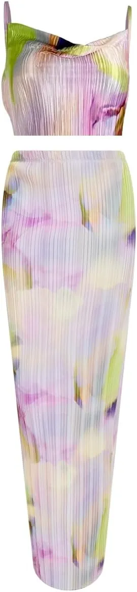 Women's Summer 2 Piece Beach Outfit Casual Sleeveless Pleated Cropped Tank Top High Waisted Maxi Skirt Set