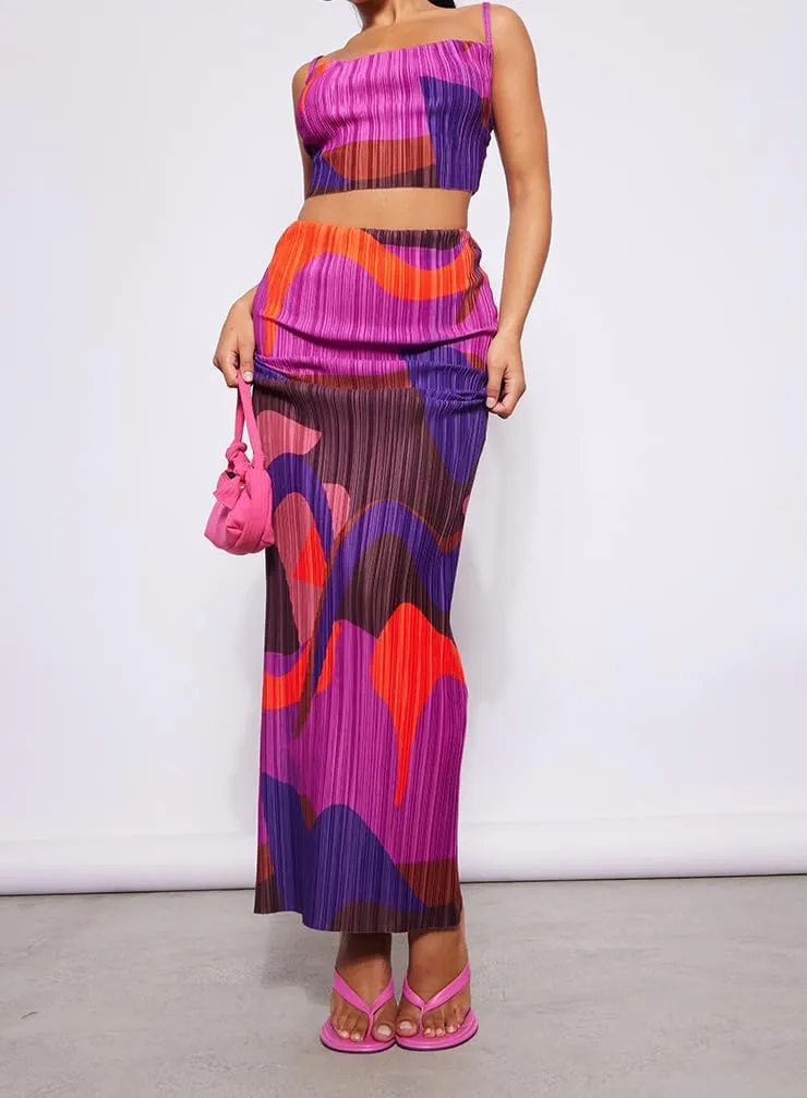 Women's Summer 2 Piece Beach Outfit Casual Sleeveless Pleated Cropped Tank Top High Waisted Maxi Skirt Set