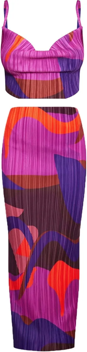 Women's Summer 2 Piece Beach Outfit Casual Sleeveless Pleated Cropped Tank Top High Waisted Maxi Skirt Set