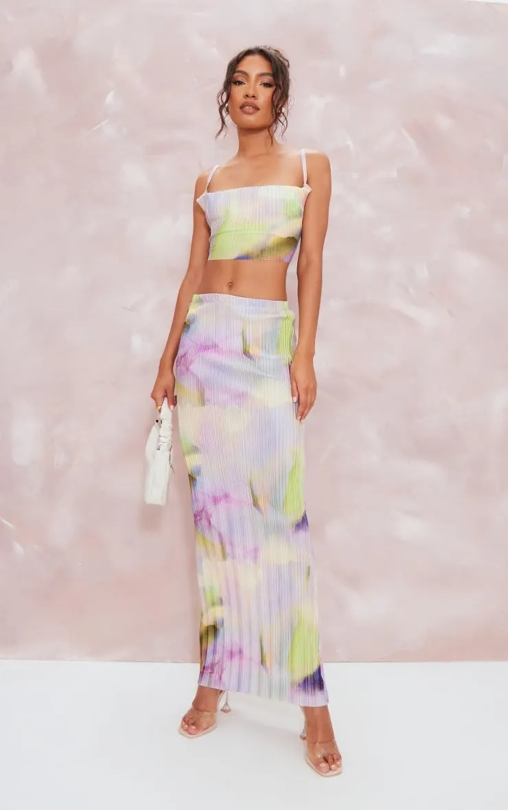 Women's Summer 2 Piece Beach Outfit Casual Sleeveless Pleated Cropped Tank Top High Waisted Maxi Skirt Set