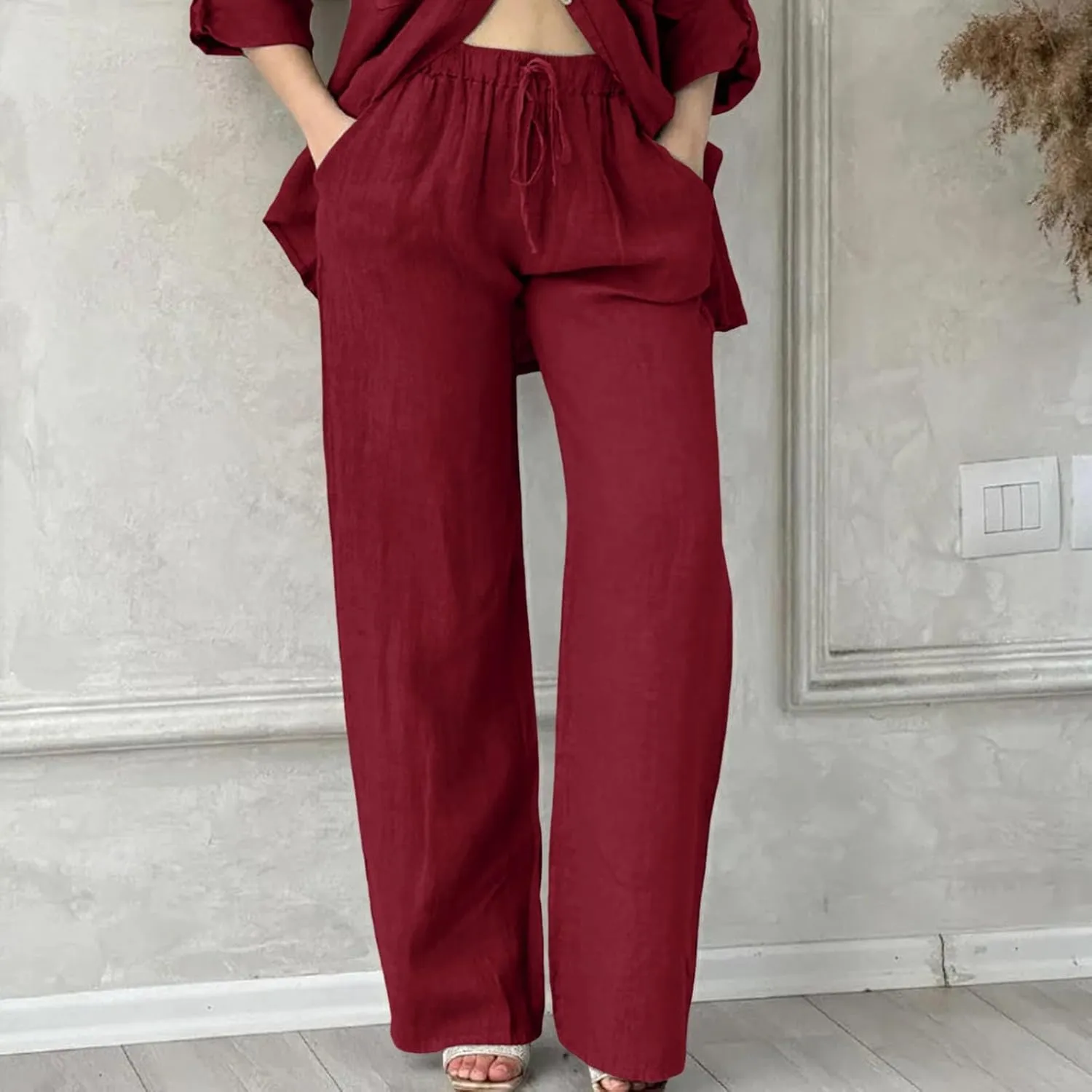 Women's Summer Casual Linen Pants Long Drawstring Women Waist Cotton Casual Pants Lightweight Loose Trousers
