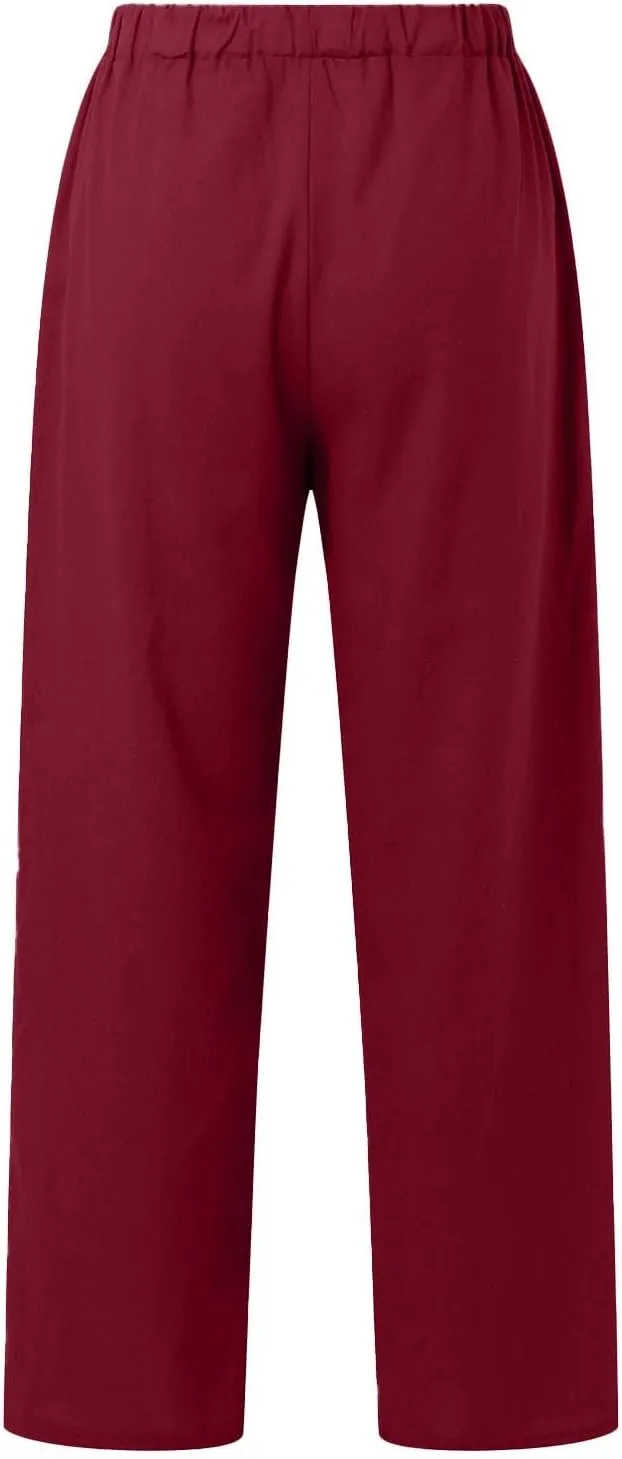 Women's Summer Casual Linen Pants Long Drawstring Women Waist Cotton Casual Pants Lightweight Loose Trousers