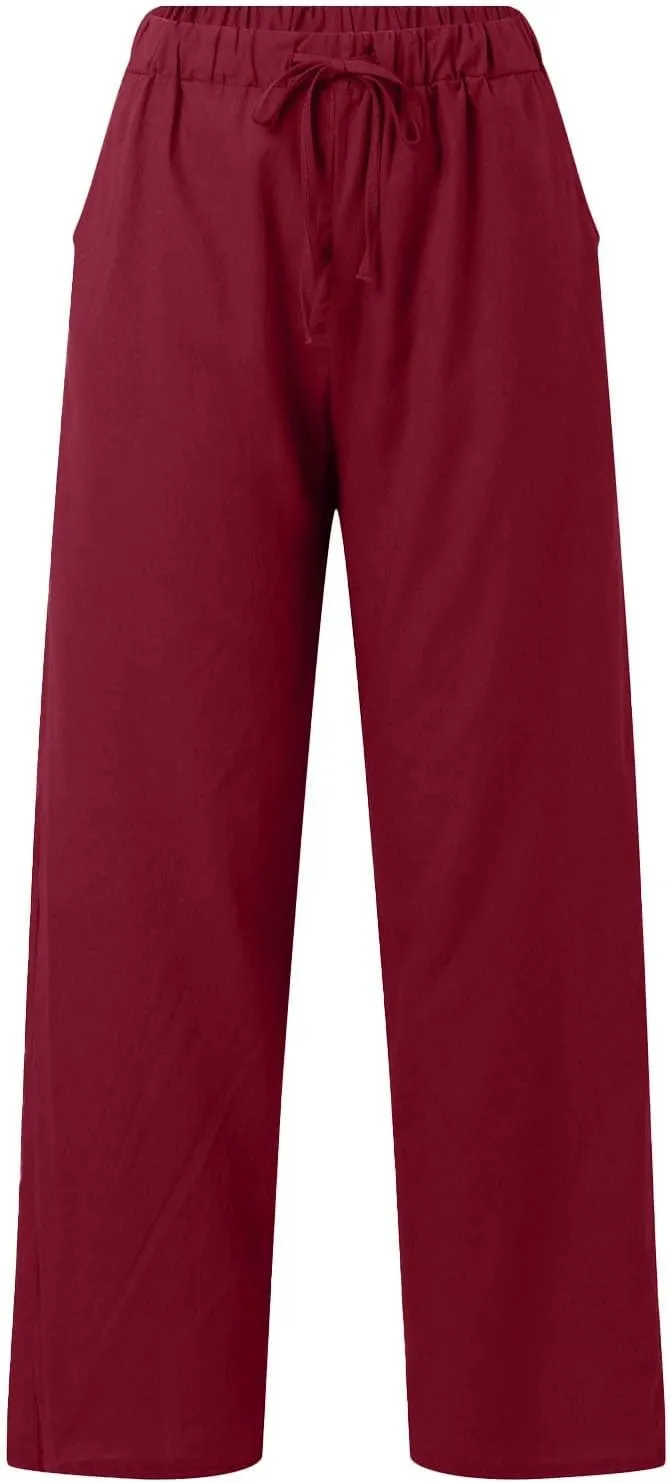 Women's Summer Casual Linen Pants Long Drawstring Women Waist Cotton Casual Pants Lightweight Loose Trousers