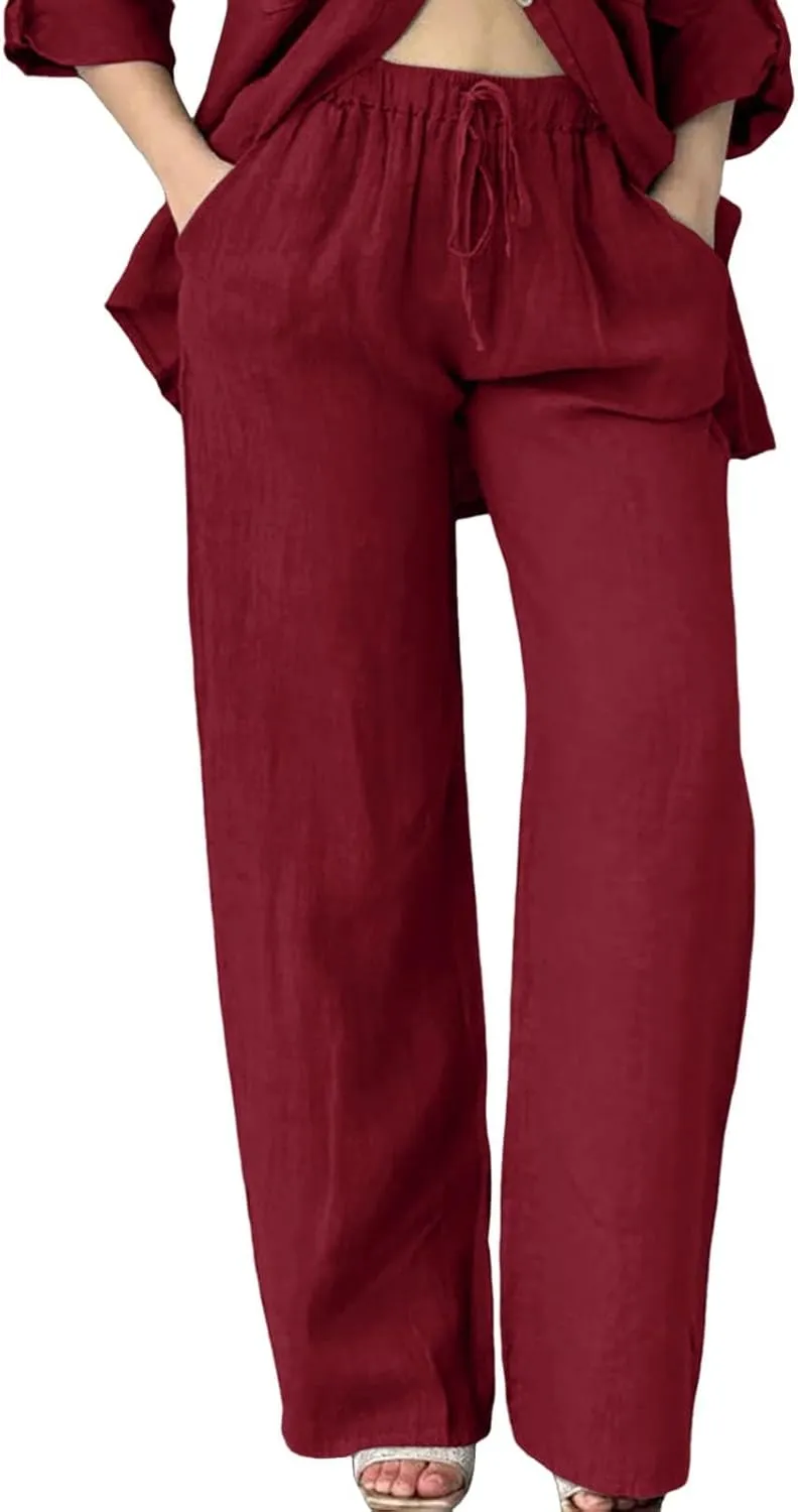 Women's Summer Casual Linen Pants Long Drawstring Women Waist Cotton Casual Pants Lightweight Loose Trousers
