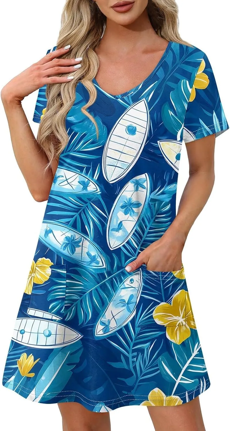 Womens Summer Dresses 2025 Loose V Neck Sleeveless Sundresses Swimsuit Coverup with Pockets Floral/Plain/Eyelet
