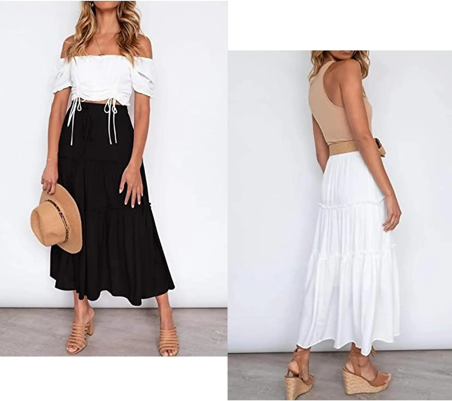 Women's Summer Elastic High Waist Boho Maxi Skirt A-line Flowy Ruffle Swing Tiered Long Beach Skirt Dress