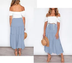 Women's Summer Elastic High Waist Boho Maxi Skirt A-line Flowy Ruffle Swing Tiered Long Beach Skirt Dress