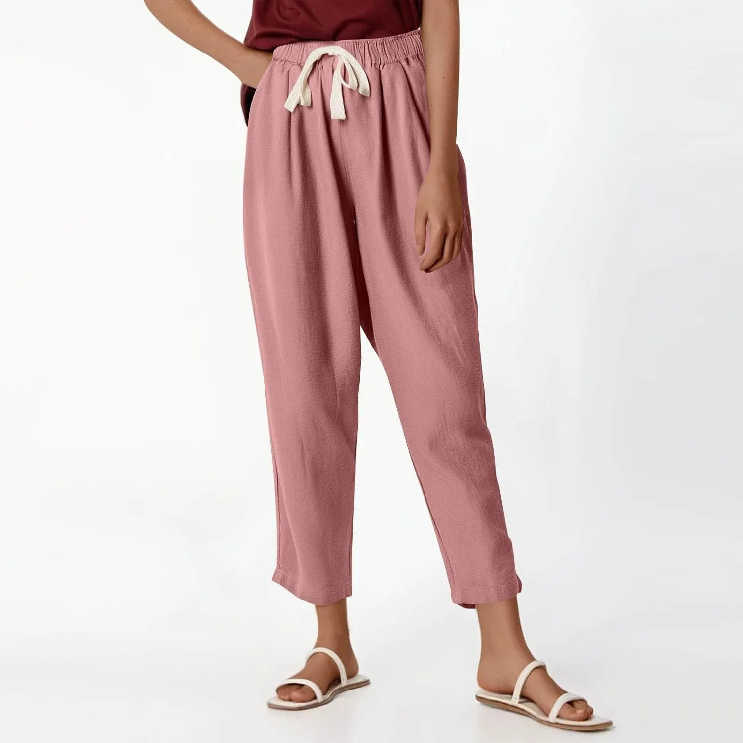 Women's Summer Pants Vacation Outfits Beach 2025 Solid Drawstring Pants with Pockets Harem Lightweight Cropped Slim Joggers