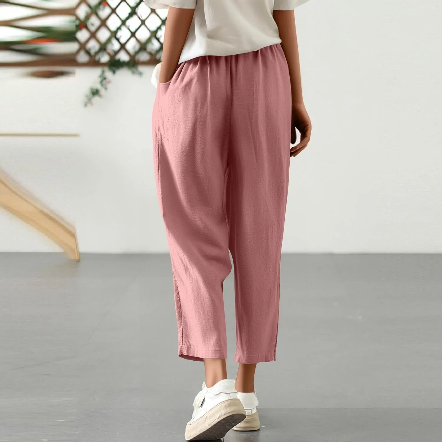 Women's Summer Pants Vacation Outfits Beach 2025 Solid Drawstring Pants with Pockets Harem Lightweight Cropped Slim Joggers
