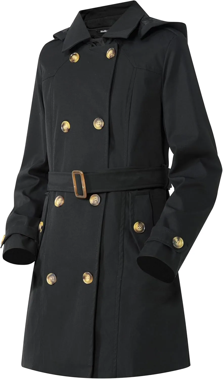 Women's Trench Coat Double Breasted Classic Mid-Length Adjustable Belt Jacket with Detachable Hood and Vest