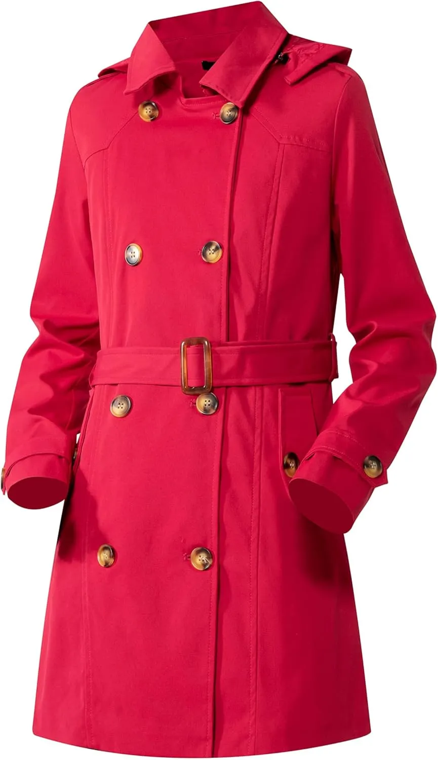 Women's Trench Coat Double Breasted Classic Mid-Length Adjustable Belt Jacket with Detachable Hood and Vest